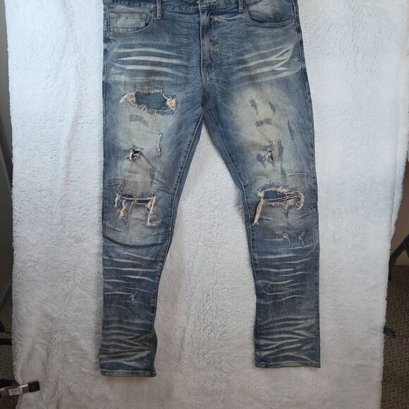 Smoke Rise Men's Whishered Stretch Distressed Skinny Jeans Blue Denim Size 40/34 - Picture 1 of 9